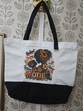 Mother Floral Canvas Tote Bag - White & Black